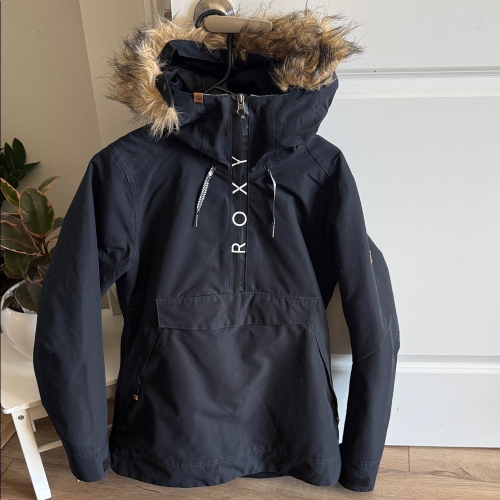 Roxy Black Hooded Anorak with Faux Fur Trim